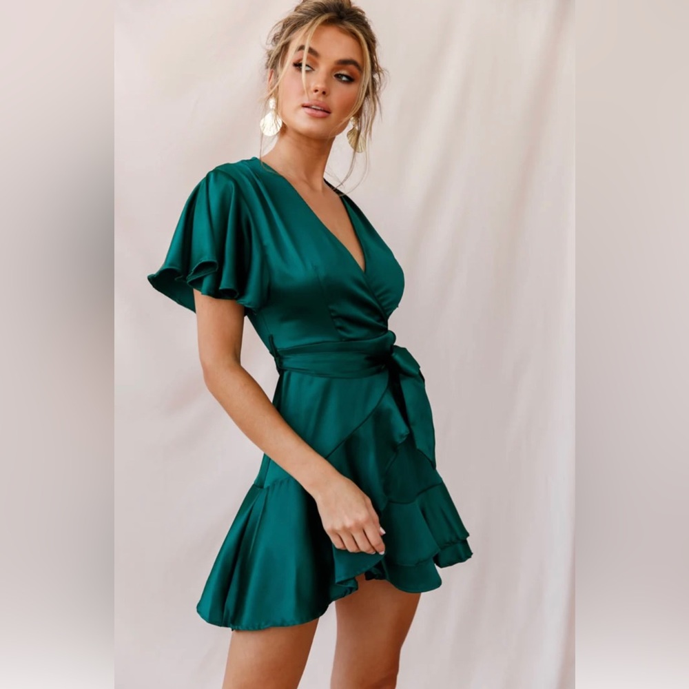 Selfie Leslie CAMI ANGEL SLEEVE FAUX WRAP DRESS JADE